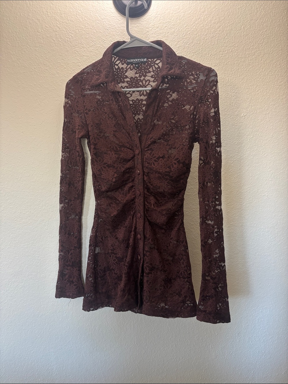 Brown Lace Button-Down Sheer Top